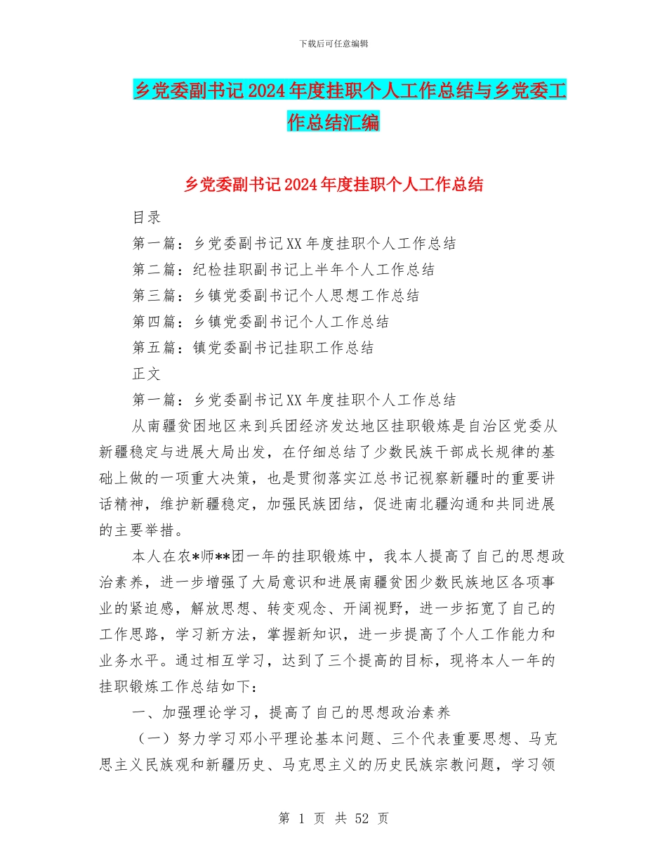 乡党委副书记2024年度挂职个人工作总结与乡党委工作总结汇编_第1页