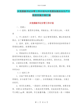 乡党委副书记分管工作计划与乡党委加强安全生产大检查实施方案汇编