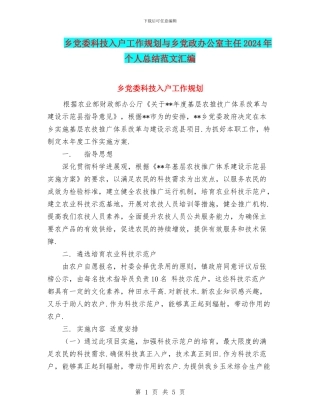 乡党委科技入户工作规划与乡党政办公室主任2024年个人总结范文汇编