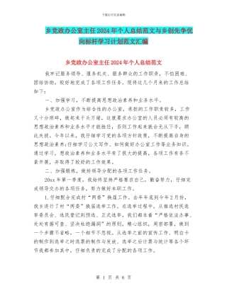 乡党政办公室主任2024年个人总结范文与乡创先争优向标杆学习计划范文汇编