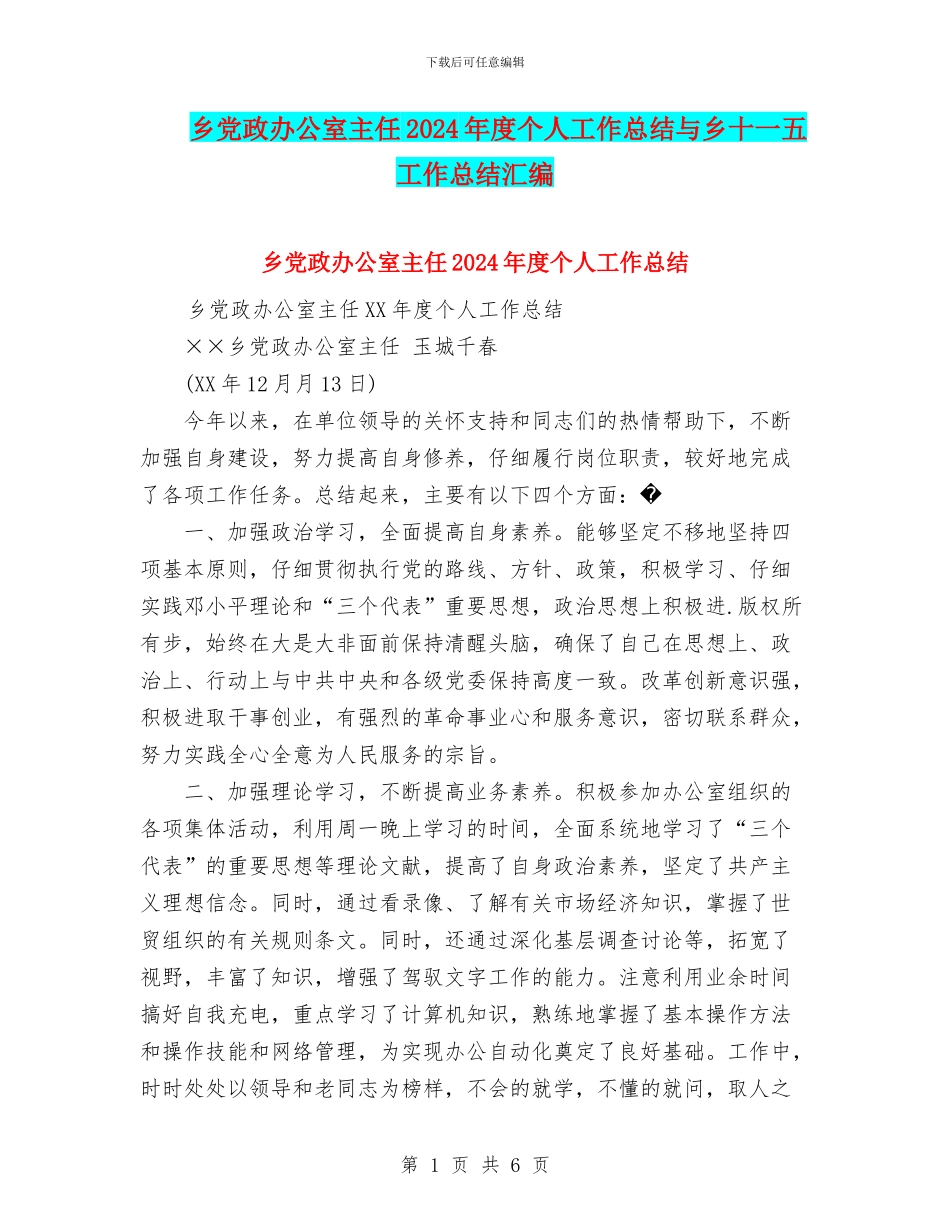 乡党政办公室主任2024年度个人工作总结与乡十一五工作总结汇编_第1页