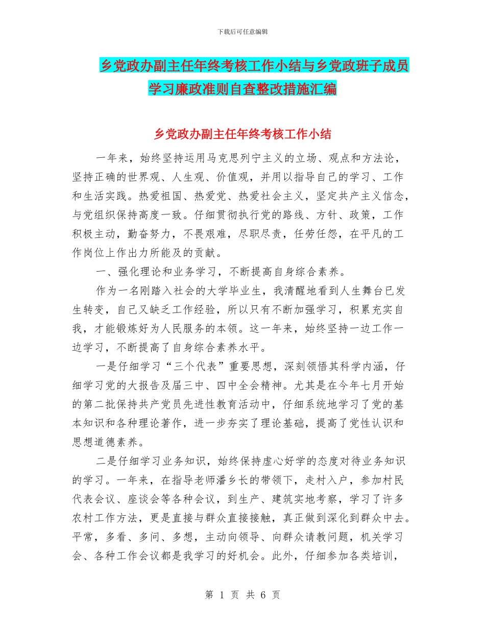 乡党政办副主任年终考核工作小结与乡党政班子成员学习廉政准则自查整改措施汇编_第1页