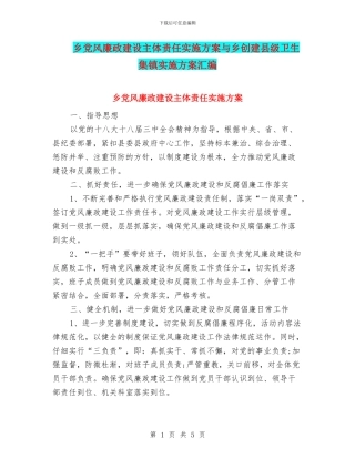 乡党风廉政建设主体责任实施方案与乡创建县级卫生集镇实施方案汇编