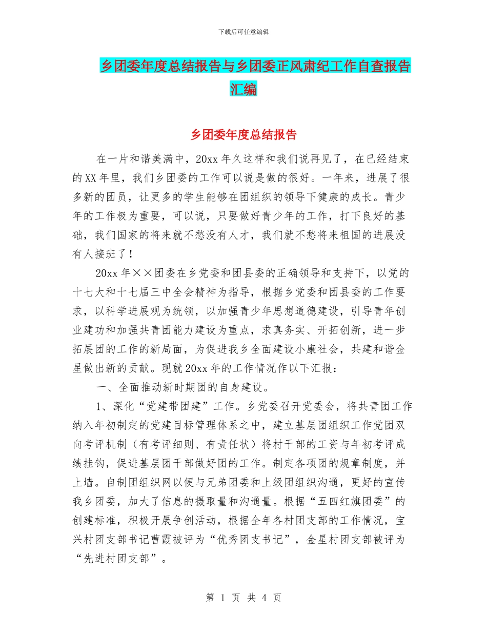 乡团委年度总结报告与乡团委正风肃纪工作自查报告汇编_第1页