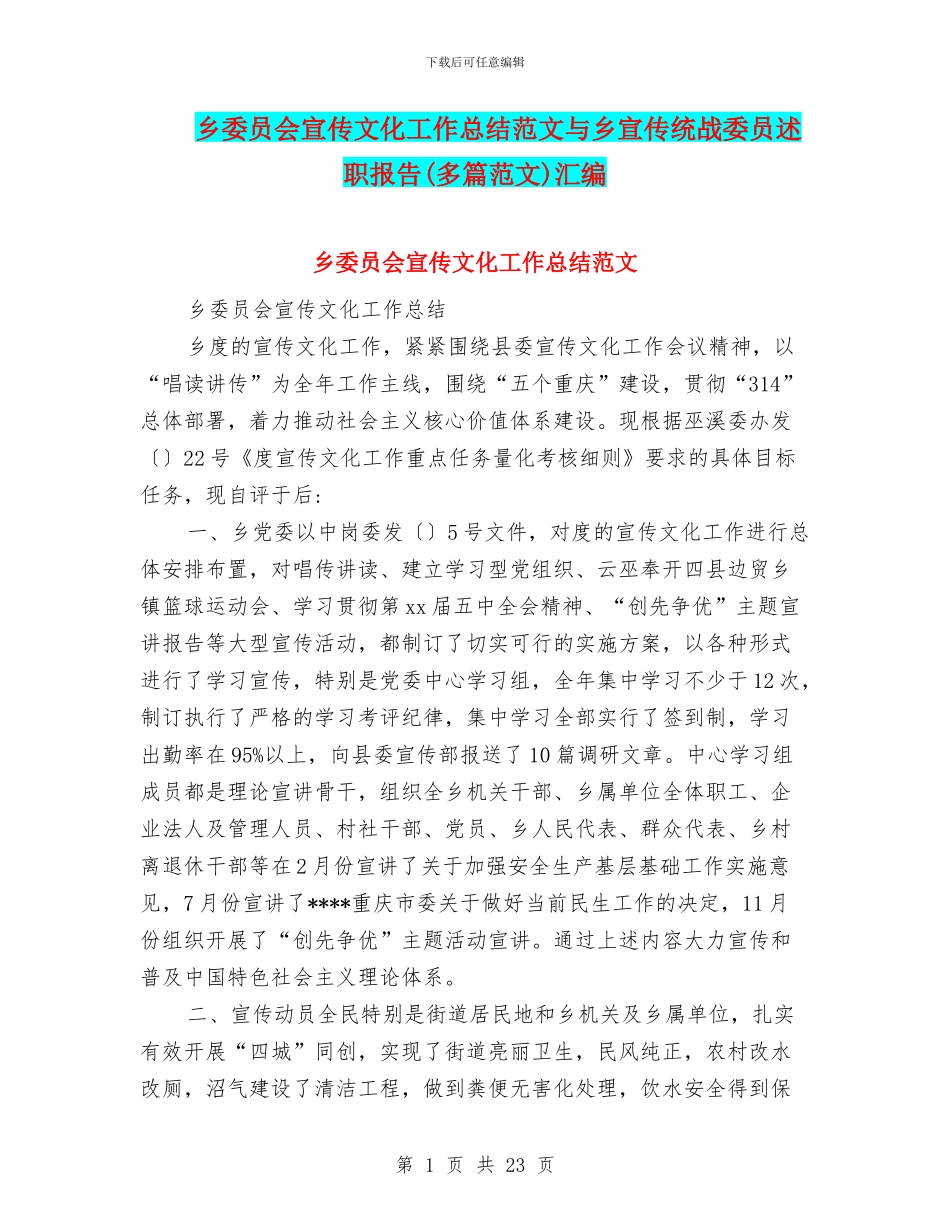 乡委员会宣传文化工作总结范文与乡宣传统战委员述职报告汇编_第1页
