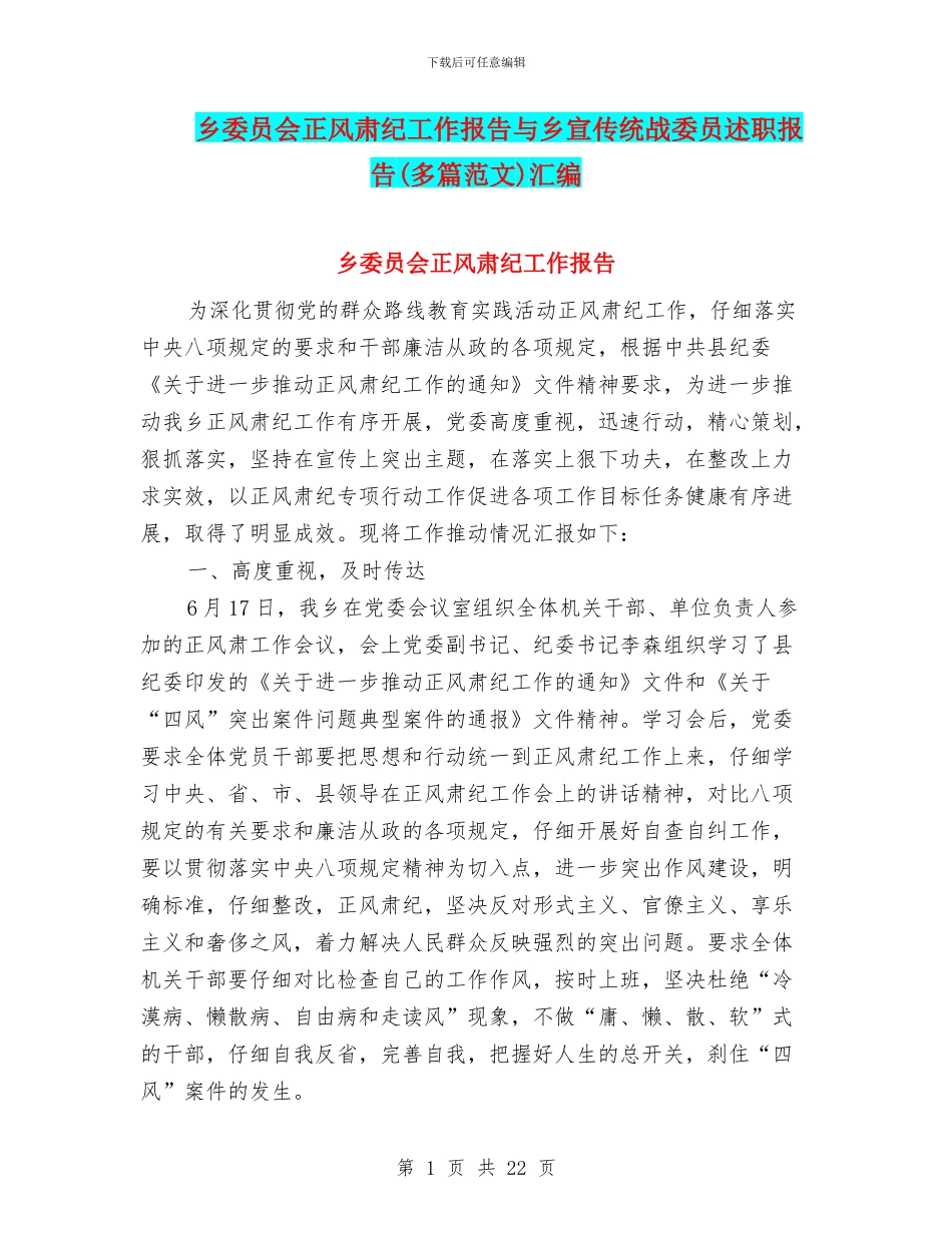 乡委员会正风肃纪工作报告与乡宣传统战委员述职报告汇编_第1页