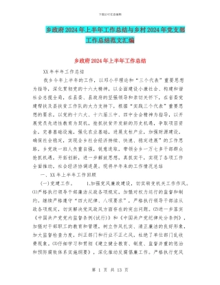 乡政府2024年上半年工作总结与乡村2024年党支部工作总结范文汇编