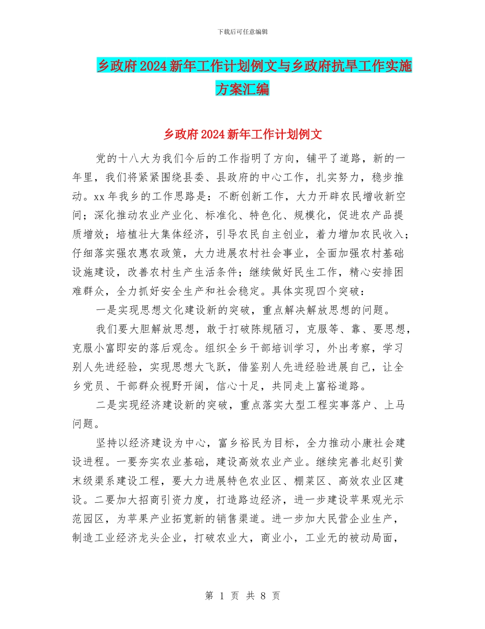 乡政府2024新年工作计划例文与乡政府抗旱工作实施方案汇编_第1页