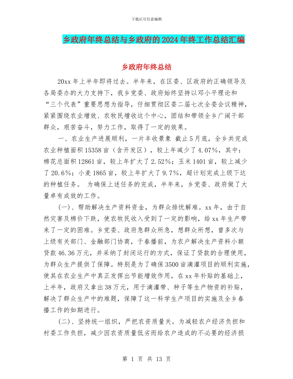 乡政府年终总结与乡政府的2024年终工作总结汇编_第1页