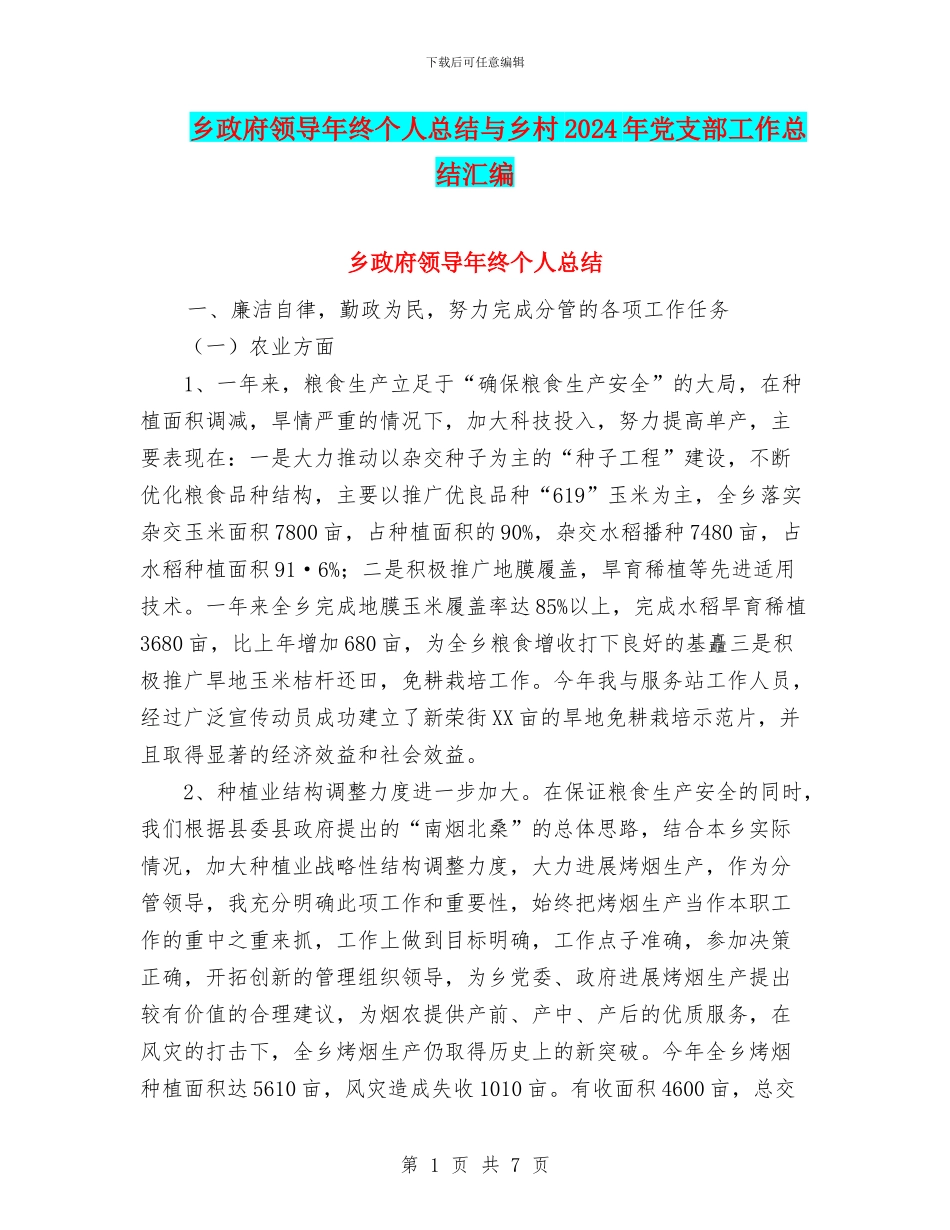 乡政府领导年终个人总结与乡村2024年党支部工作总结汇编_第1页