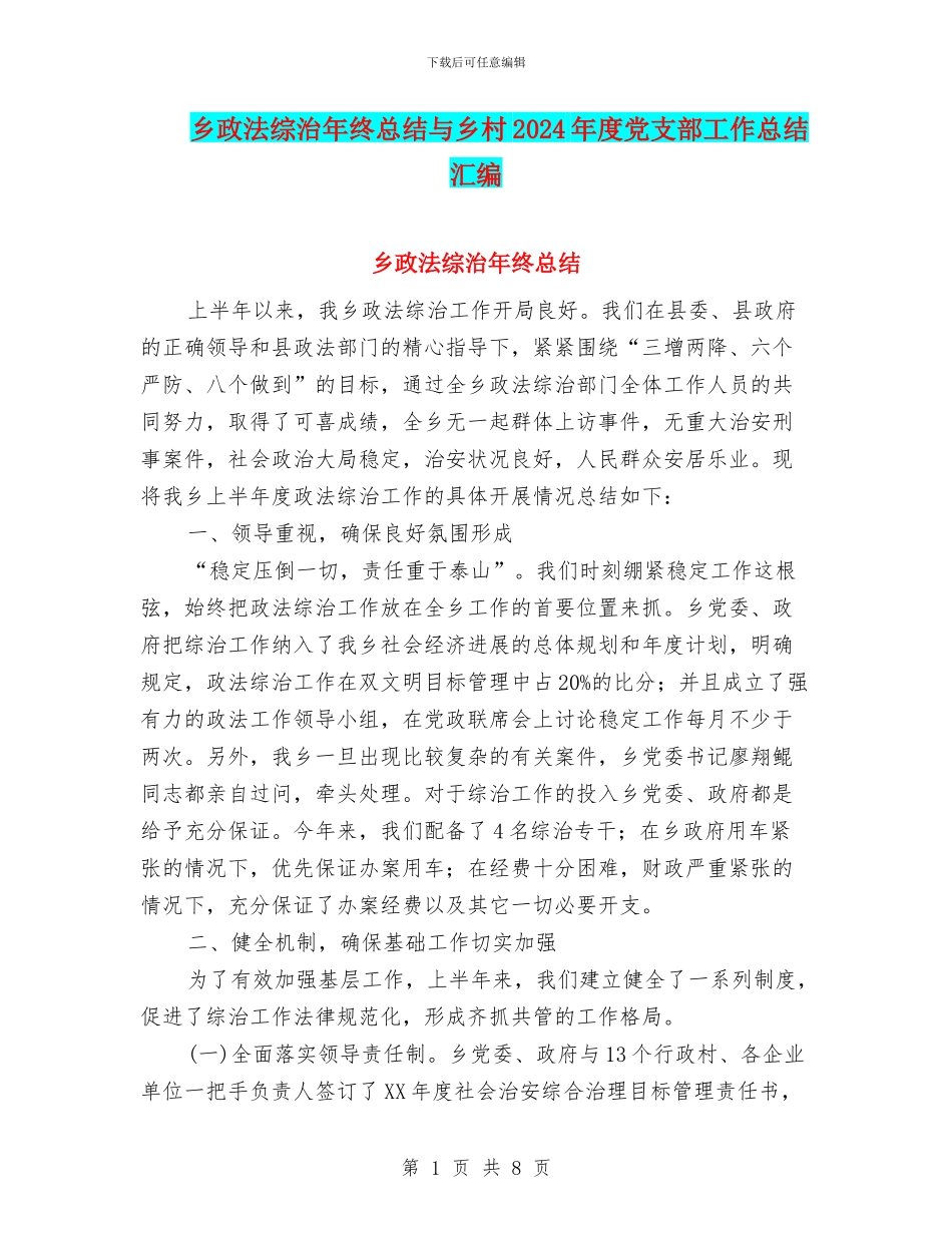 乡政法综治年终总结与乡村2024年度党支部工作总结汇编_第1页