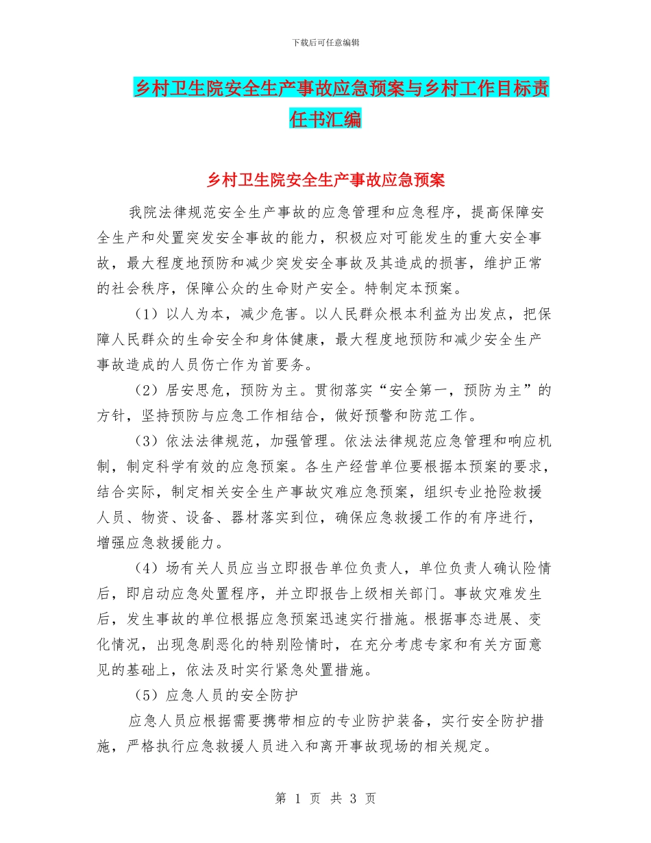 乡村卫生院安全生产事故应急预案与乡村工作目标责任书汇编_第1页