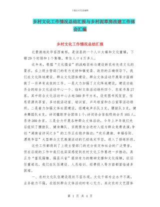 乡村文化工作情况总结汇报与乡村泥草房改建工作体会汇编