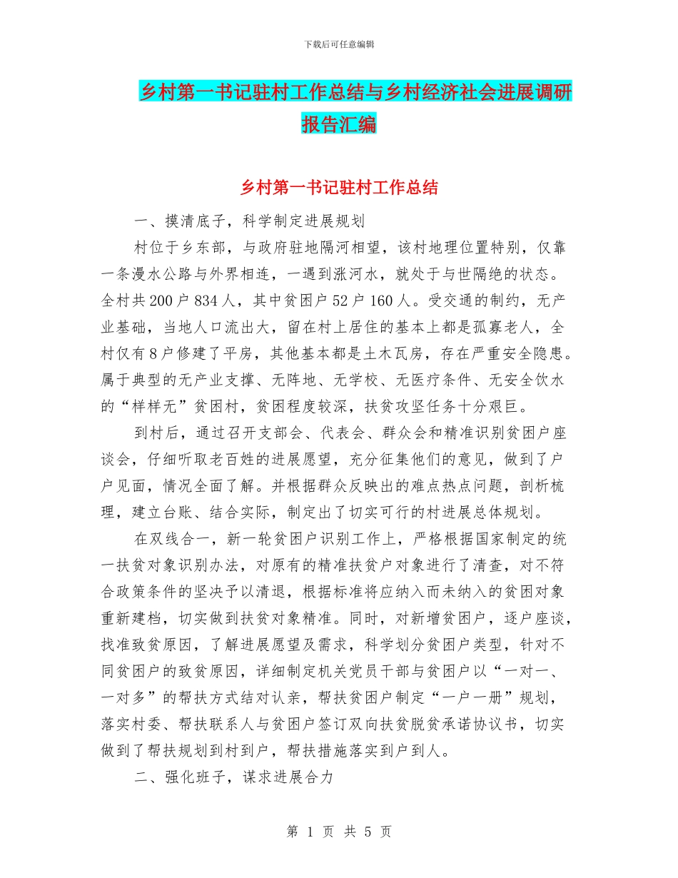 乡村第一书记驻村工作总结与乡村经济社会发展调研报告汇编_第1页