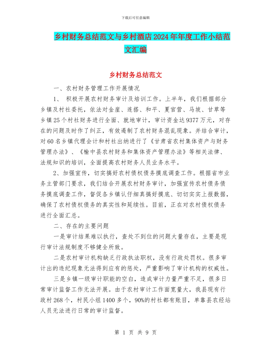 乡村财务总结范文与乡村酒店2024年年度工作小结范文汇编_第1页