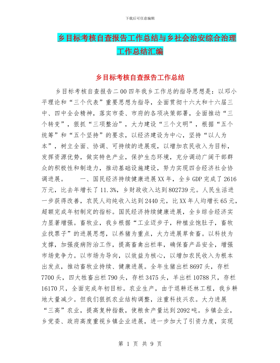 乡目标考核自查报告工作总结与乡社会治安综合治理工作总结汇编_第1页