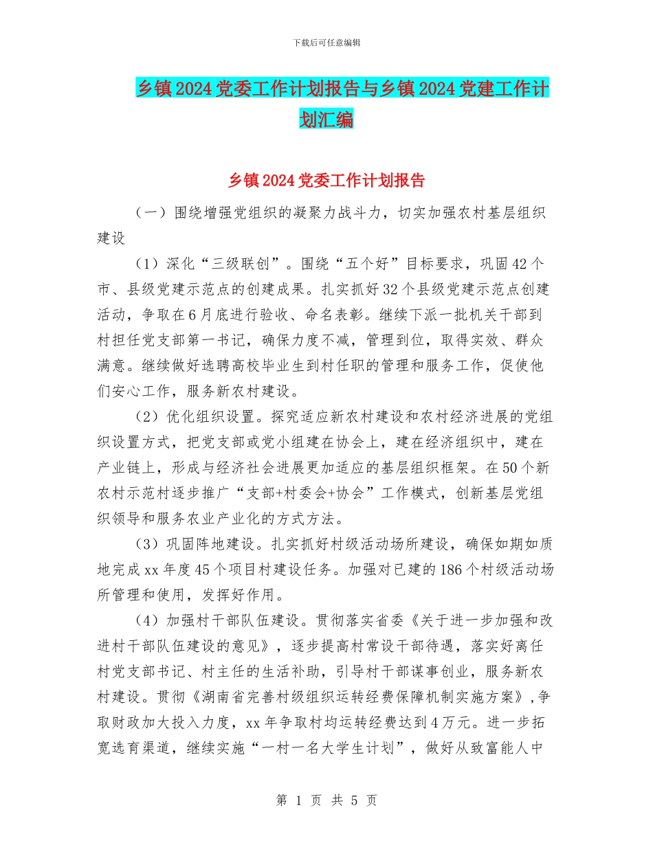 乡镇2024党委工作计划报告与乡镇2024党建工作计划汇编_第1页