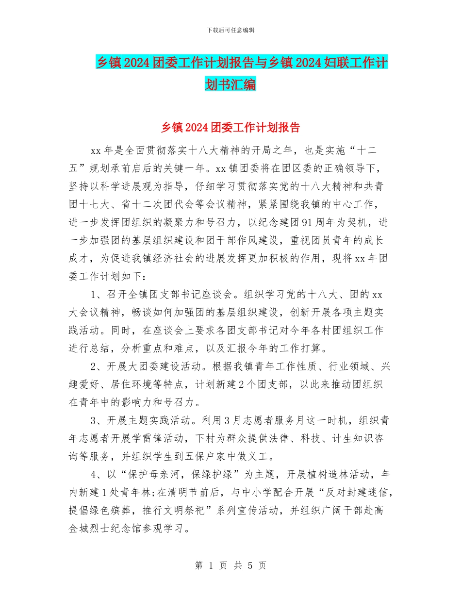 乡镇2024团委工作计划报告与乡镇2024妇联工作计划书汇编_第1页
