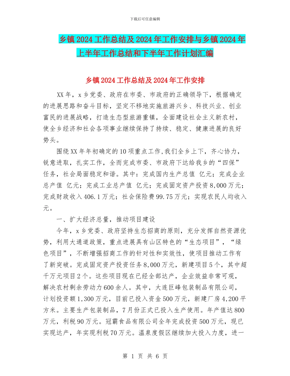 乡镇2024工作总结及2024年工作安排与乡镇2024年上半年工作总结和下半年工作计划汇编_第1页