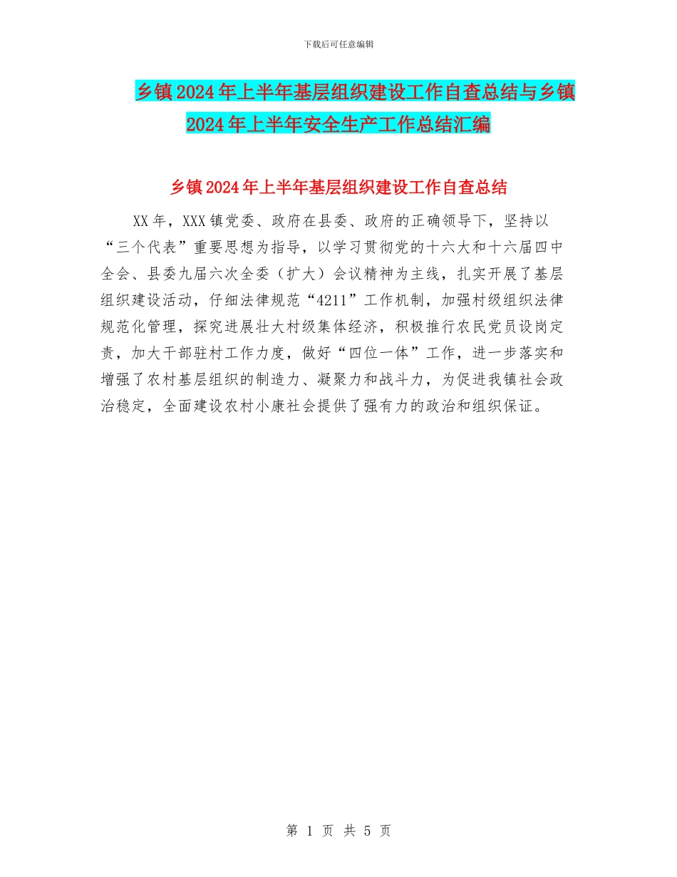 乡镇2024年上半年基层组织建设工作自查总结与乡镇2024年上半年安全生产工作总结汇编_第1页