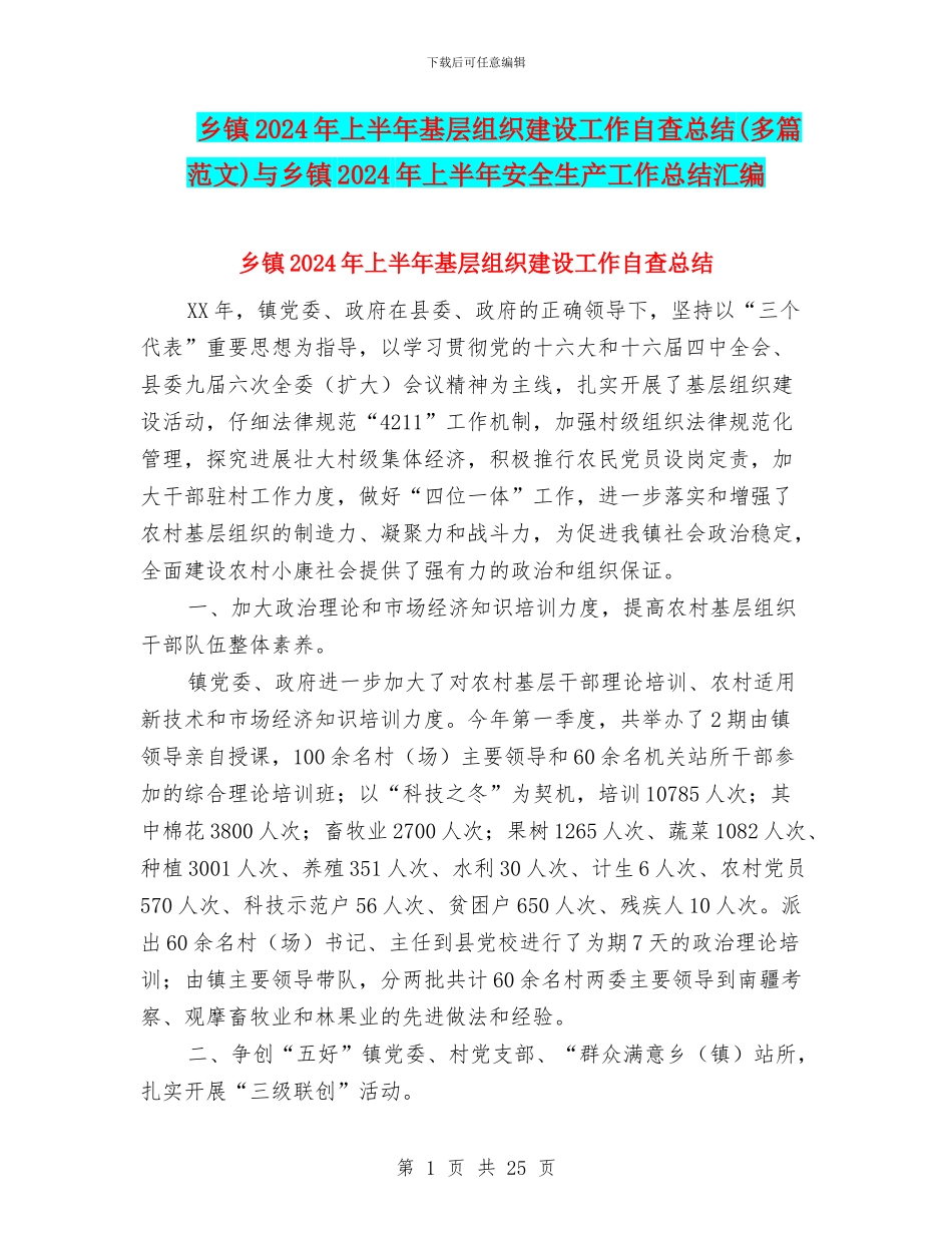 乡镇2024年上半年基层组织建设工作自查总结(多篇范文)与乡镇2024年上半年安全生产工作总结汇编_第1页