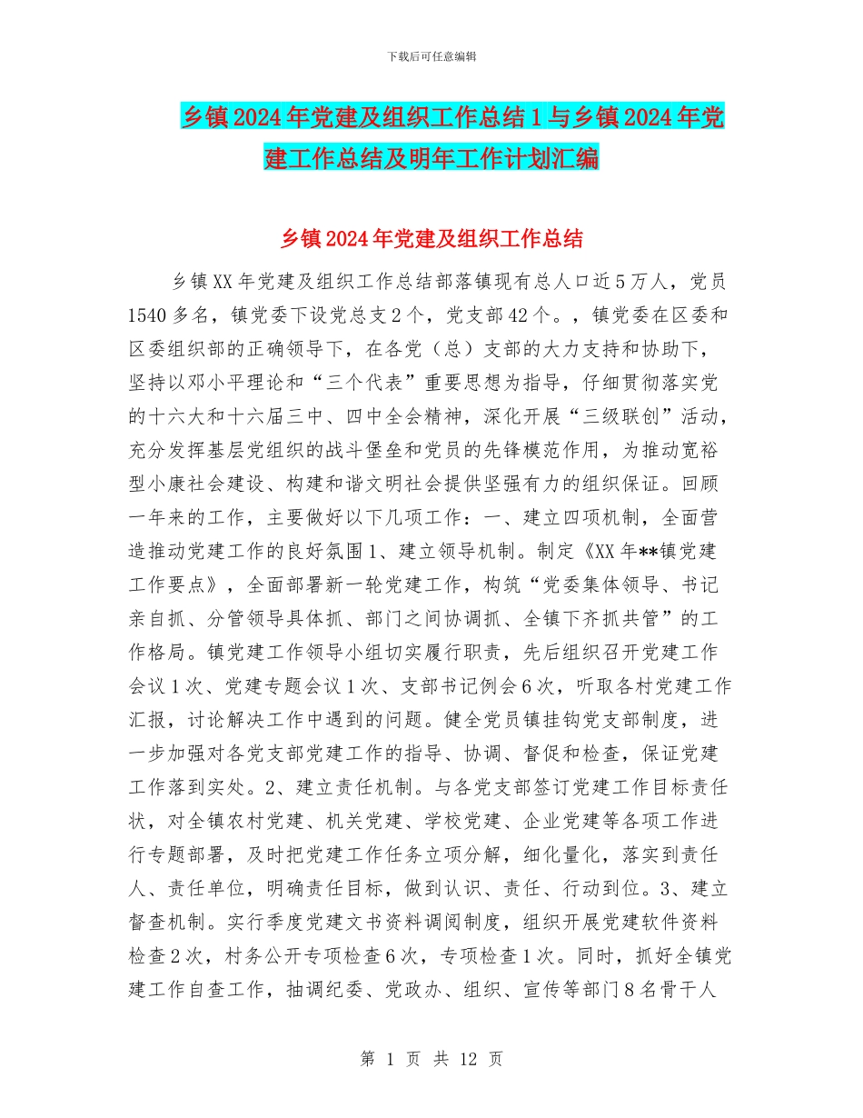 乡镇2024年党建及组织工作总结1与乡镇2024年党建工作总结及明年工作计划汇编_第1页