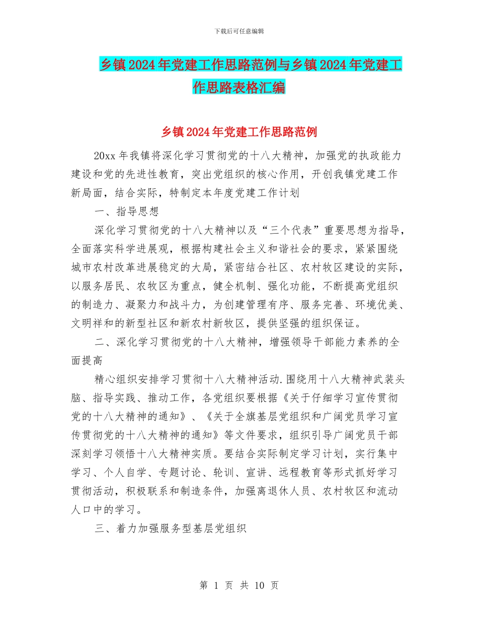 乡镇2024年党建工作思路范例与乡镇2024年党建工作思路表格汇编_第1页