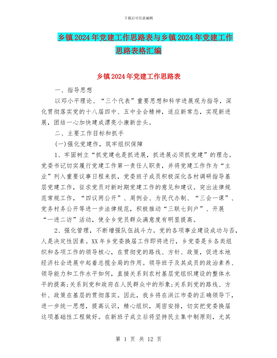 乡镇2024年党建工作思路表与乡镇2024年党建工作思路表格汇编_第1页
