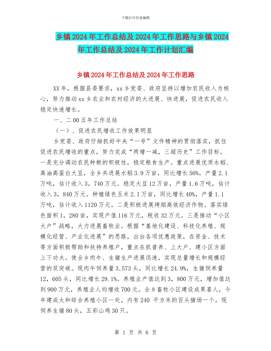 乡镇2024年工作总结及2024年工作思路与乡镇2024年工作总结及2024年工作计划汇编_第1页