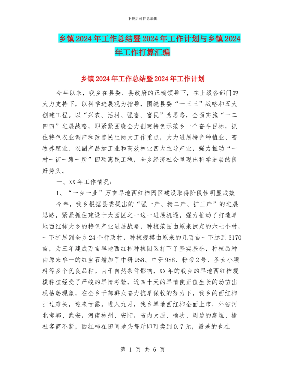 乡镇2024年工作总结暨2024年工作计划与乡镇2024年工作打算汇编_第1页