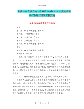 乡镇2024年度党建工作总结与乡镇2024年度党政班子工作运行情况汇报汇编