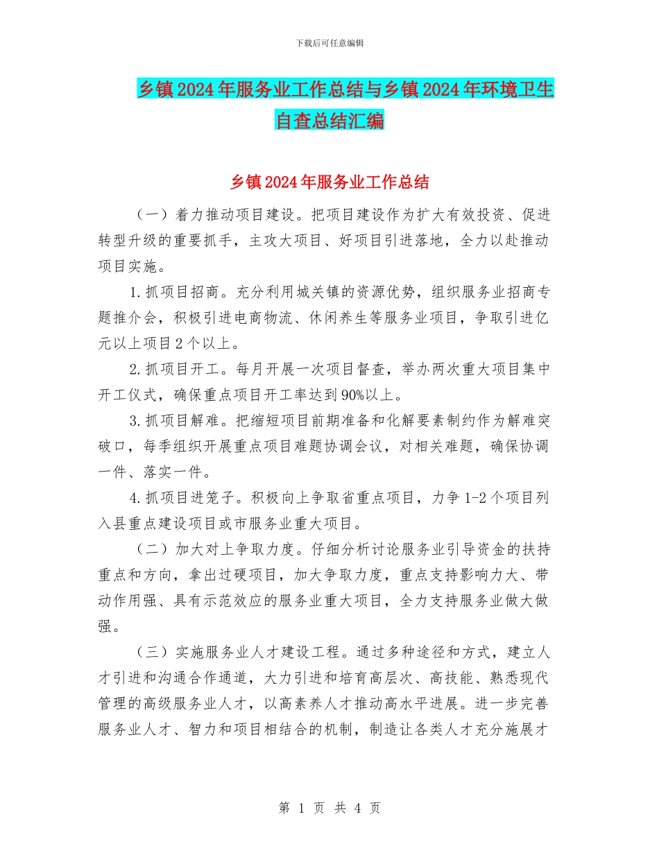 乡镇2024年服务业工作总结与乡镇2024年环境卫生自查总结汇编_第1页