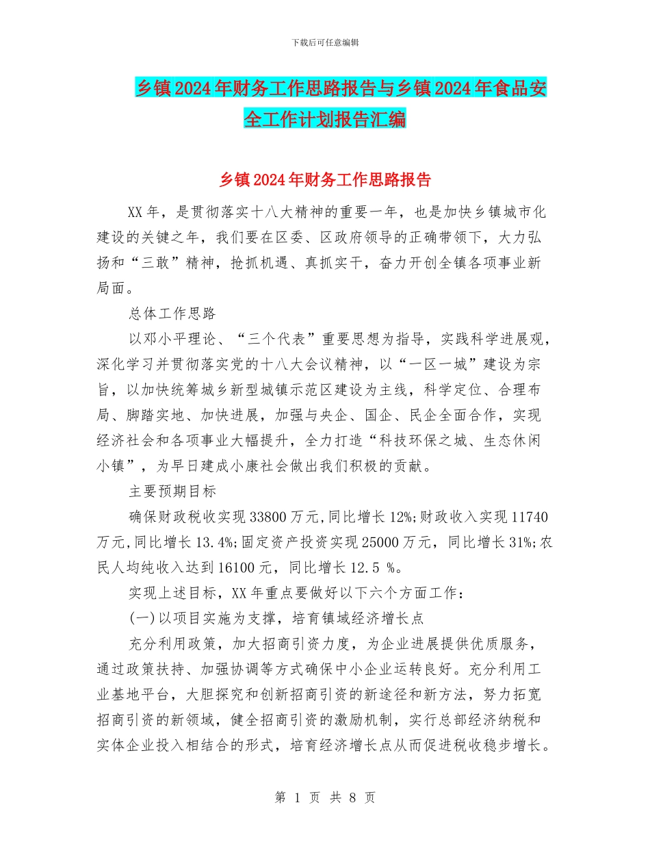 乡镇2024年财务工作思路报告与乡镇2024年食品安全工作计划报告汇编_第1页