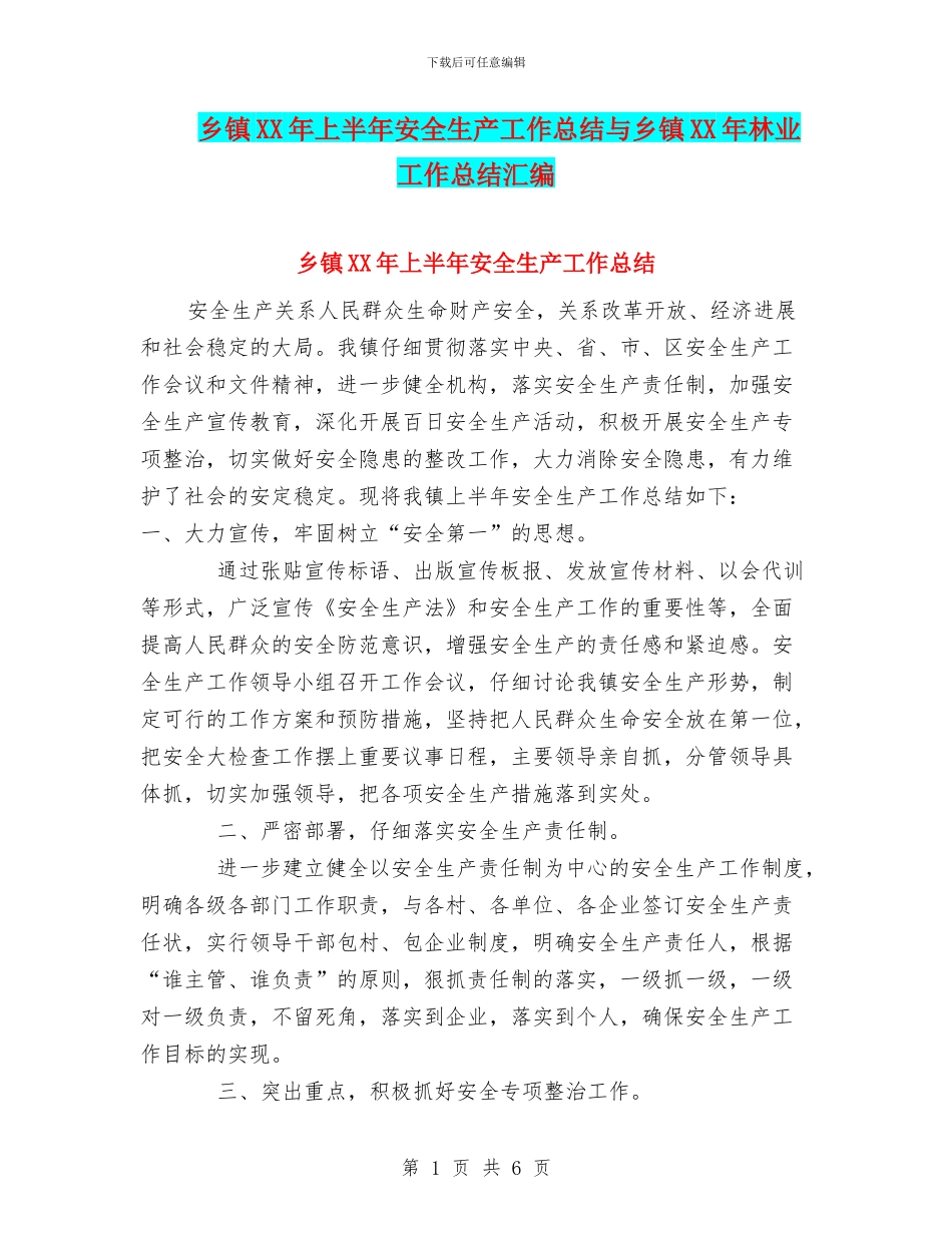 乡镇XX年上半年安全生产工作总结与乡镇XX年林业工作总结汇编_第1页