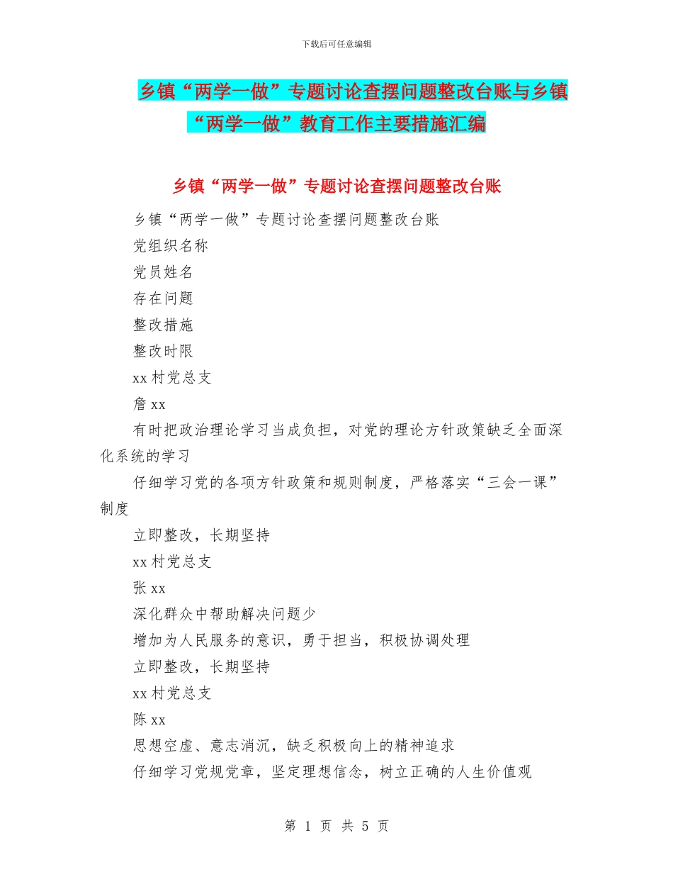 乡镇“两学一做”专题讨论查摆问题整改台账与乡镇“两学一做”教育工作主要措施汇编_第1页