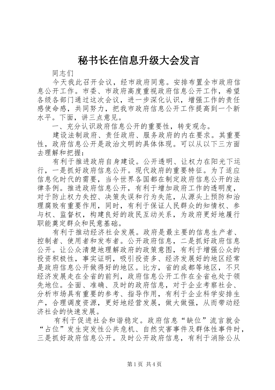 秘书长在信息升级大会发言_第1页