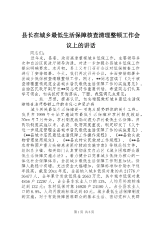 县长在城乡最低生活保障核查清理整顿工作会议上的讲话