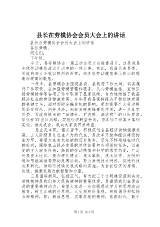 县长在劳模协会会员大会上的讲话