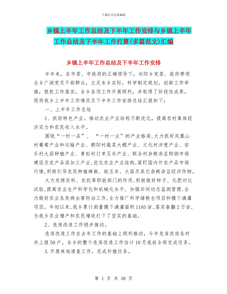 乡镇上半年工作总结及下半年工作安排与乡镇上半年工作总结及下半年工作打算汇编_第1页