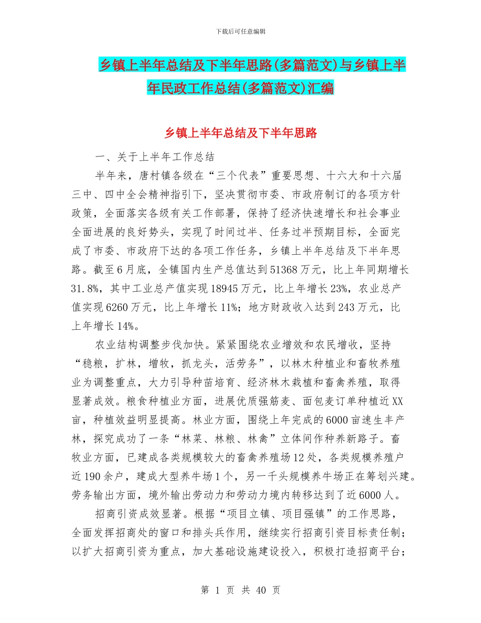 乡镇上半年总结及下半年思路与乡镇上半年民政工作总结(多篇范文)汇编_第1页