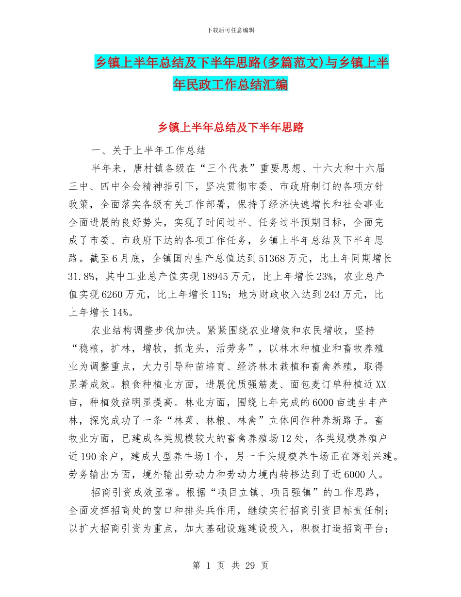 乡镇上半年总结及下半年思路与乡镇上半年民政工作总结汇编_第1页