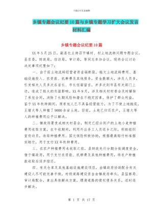 乡镇专题会议纪要10篇与乡镇专题学习扩大会议发言材料汇编