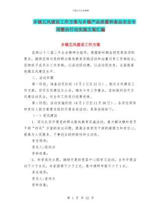 乡镇五风建设工作方案与乡镇产品质量和食品安全专项整治行动实施方案汇编