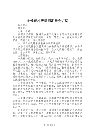 乡长在村级组织汇报会讲话