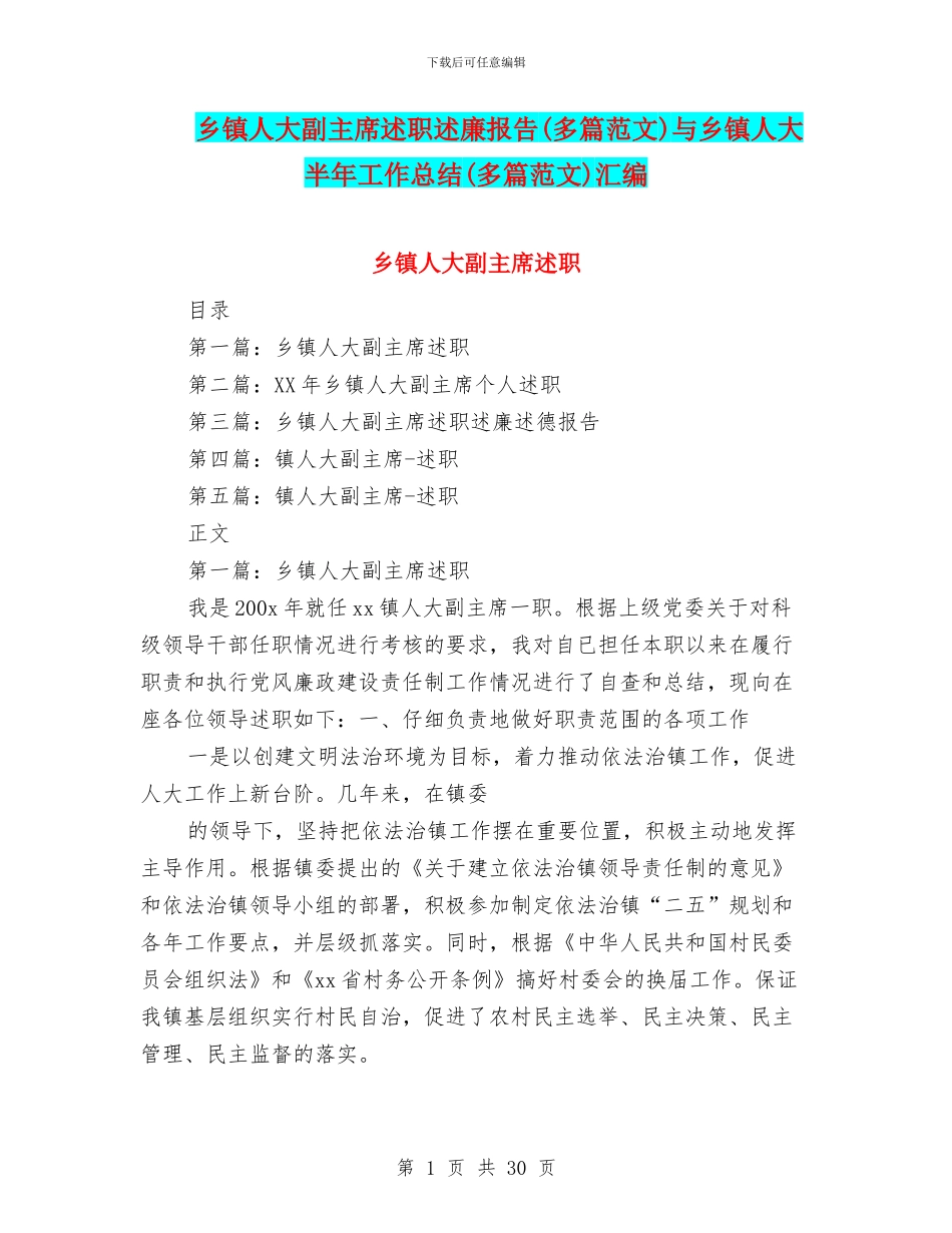 乡镇人大副主席述职述廉报告与乡镇人大半年工作总结(多篇范文)汇编_第1页