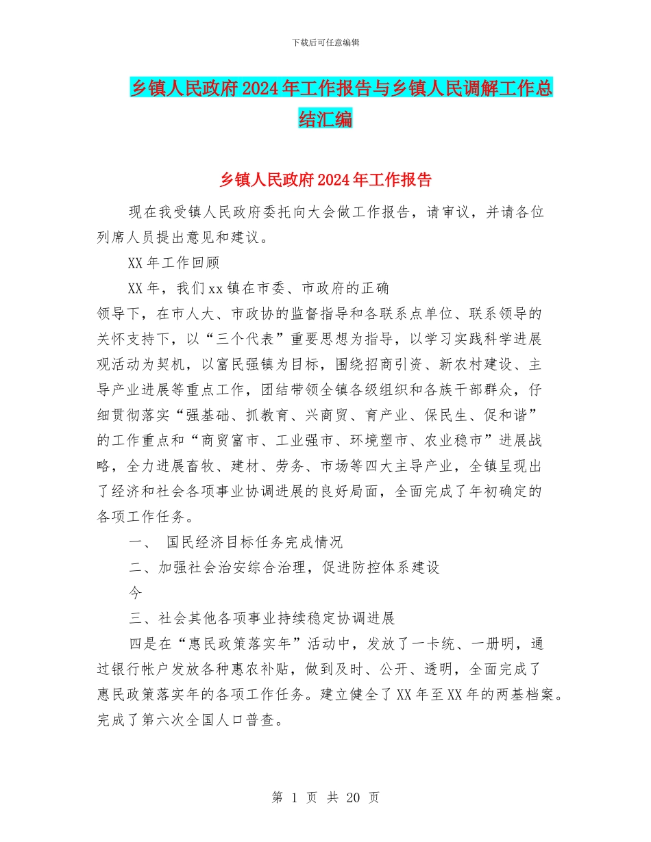 乡镇人民政府2024年工作报告与乡镇人民调解工作总结汇编_第1页