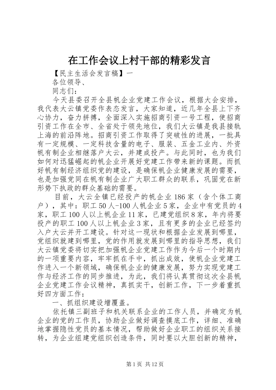 在工作会议上村干部的精彩发言_第1页