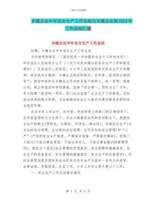 乡镇企业半年安全生产工作总结与乡镇企业局2024年工作总结汇编