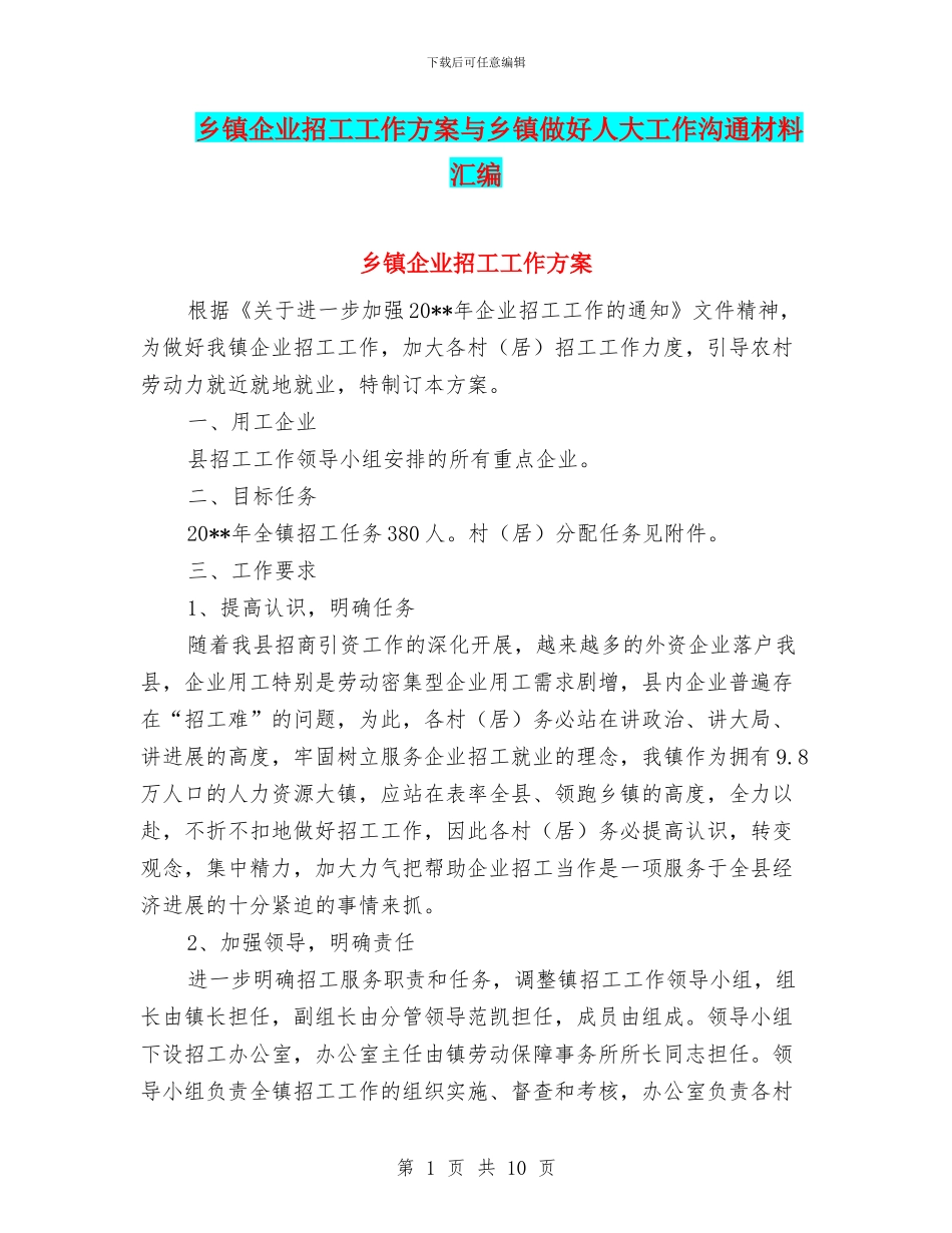 乡镇企业招工工作方案与乡镇做好人大工作交流材料汇编_第1页