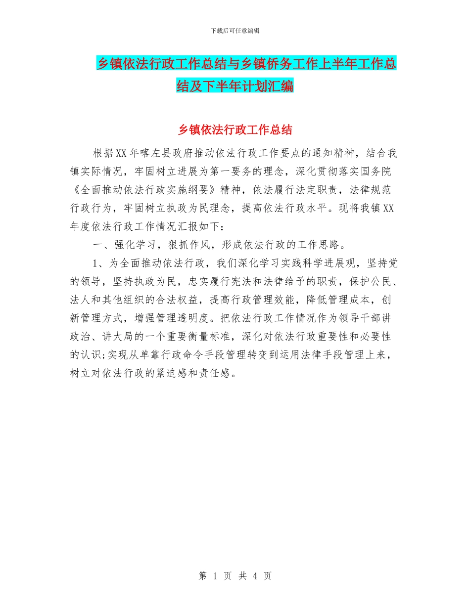 乡镇依法行政工作总结与乡镇侨务工作上半年工作总结及下半年计划汇编_第1页